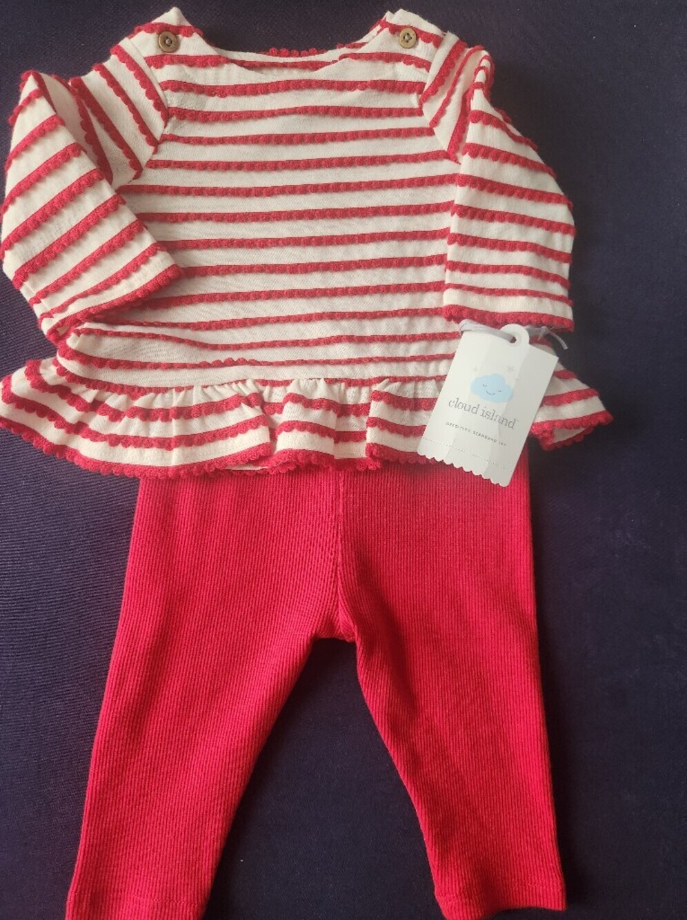 Cloud Island Red & Cream Striped Ruffle Top with Red Leggings, S 0-3m, NWT - Picture 2 of 5